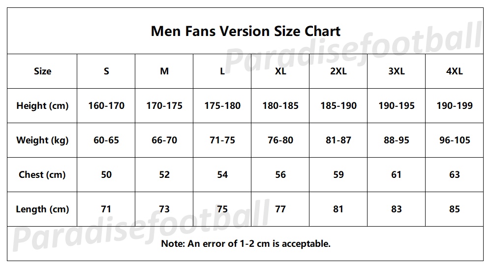 Men Fans Version Soccer Jersey Size Chart